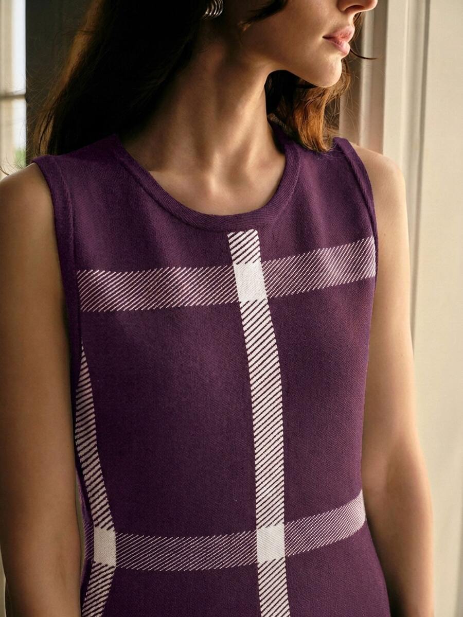MOTF PREMIUM PLAID SLEEVELESS KNIT DRESS - Red Violet - View 2