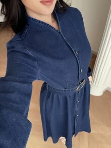 SHEIN MOD Women's Long Sleeve Single-Breasted Waist Buckle Design Casual Denim Dress - Dark Wash - View 6