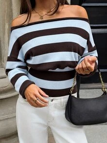 Aloruh Women's Street Style Striped Colorblock Off-Shoulder Sweater - Baby Blue - View 4