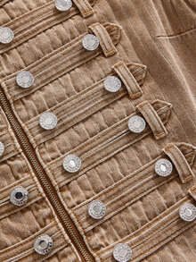 ROMWE Grunge Punk Nautical Punk Vintage Metal Buckle Distressed Washed Denim Thin Jacket - Brown - View 3