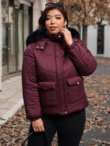 Reflora Plus Size Winter Zipper Pocket Long Sleeve Hooded Padded Coat - Burgundy - View 5