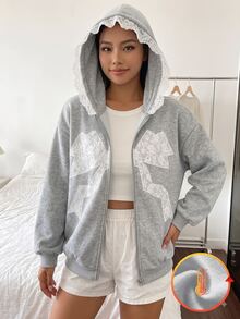 青少年女孩灰色花卉蝴蝶結蕾絲拼接抓絨拉鍊運動衫，對比蕾絲蝴蝶結裝飾，甜美舒適，秋冬款 - 灰色 - 查看 3