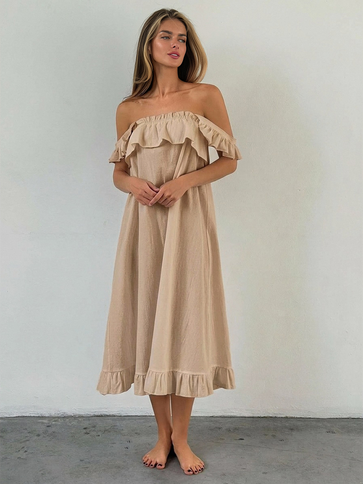 Livesso Women's Solid Color Sleeveless Long Dress With Ruffle Trim Patchwork Nightgown - Khaki - View 5