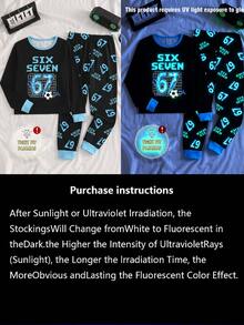 大童男孩秋季新款 UV 手電筒感光數位遊戲 67 圖案印花圓領上衣搭配滿版印花長褲長袖修身 2 件套家居服 - 黑色 - 查看 7