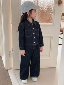 Dazy Kids (少女) 無袖深色水洗牛仔背心與寬鬆寬腿長褲套裝 - 深色水洗藍 - 查看 4