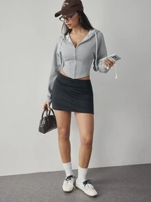 Cévolie Women's Solid Color Long Sleeve Zip-Up Hooded Drawstring Sports Jacket - Grey - View 7