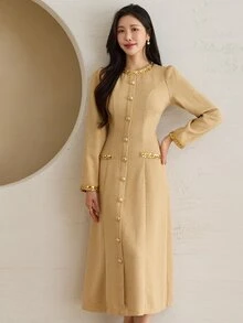 DAZY Women's Elegant Sequin Button Long Sleeve Dress For Evening Party - Khaki - View 3