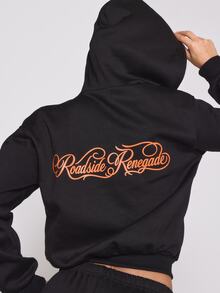 MUSERA Graphic Embroidered Zip Through Oversized Hoodie Autumn Winter Fall Halloween Sexy Everyday Roadside Renegade - Black - View 5