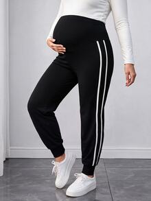 SHEIN Black Cuffed Knit Maternity Pants With White Striped Patchwork, Casual Daily Spring/Autumn Comfortable Plus Size Trousers - Black - View 3