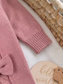 SHEIN 新生兒嬰兒蝴蝶結裝飾長袖可愛針織連身衣 - 粉色 - 查看 4