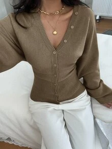 Siren Gaze 女款純色鈕扣修身腰針織開襟衫，休閒日常穿著，秋冬新年冬季女款毛衣 - 駝色 - 查看 1