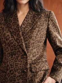 Anewsta Vintage Leopard Print Suit Set, Double-Breasted Wide Leg Pants, High-End 2 Pieces Set - Brown - View 5