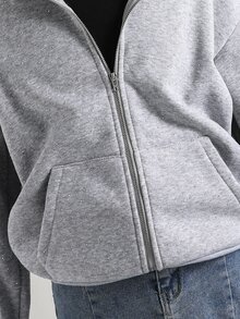 SHEIN Autumn/Winter Girls' Hooded Zip-Up Jacket - Mixed Street Style, Rhinestone Sweatshirt Knit Fabric Suitable For Autumn/Winter, Slightly Oversized Fit With Growth Room, Campus To Street Instant Transformation Into Energetic Girl! - Grey - View 4