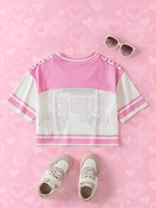 THE POWERPUFF GIRLS X SHEIN Tween Girl Letter Print Short Sleeve Casual T-Shirt - Pink - View 2