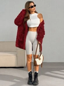 SHEIN EZwear 冬季寬鬆休閒白色凹凸毛絨落肩口袋拼接長袖連帽外套 - 酒紅色 - 查看 3
