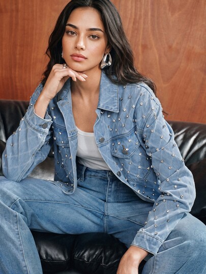 Anewsta Women's New Fashion Heavy Jacquard Fabric Rhinestone Blue Jeans Jacket