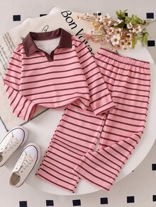 SHEIN Elladie kids 女童條紋長袖 Polo 衫與寬腿褲 2 件套，美式復古女童休閒套裝，適合上學、度假與日常出行 - 粉色 - 查看 3