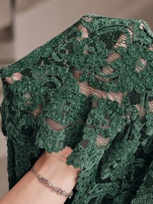 Anewsta Dark Green Lace Beaded Patchwork Knit Fitted Long Sleeve Women's T-Shirt - Dark Green - View 8