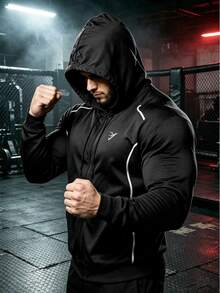 GymBeat Men's Geometric Print Long Sleeve Zip-Up Hooded Drawstring Sports Jacket - Black - View 8