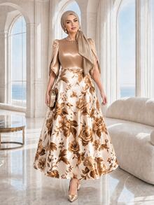 Auveirra Plus Size Elegant Floral Print Round Neck Short Sleeve Dress - Khaki - View 4