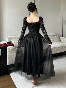 Modelyn French Square Neck Lace Patchwork Long Sleeve Slim Fit Flattering Mesh Elegant Evening Dress For Women - Black - View 7