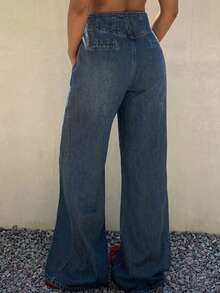 Dazy Plus Spring/Autumn New Vacation Outfit Blue Cotton Flare Jeans With Distressed Split Line Slimming Denim Pants - Medium Wash - View 2