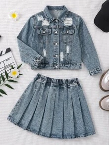 SHEIN 女童藍色牛仔破洞寬鬆短版長袖外套與百褶迷你裙2件套 秋冬2026 可愛Y2K 百搭 萬聖節新年 - 藍色 - 查看 5