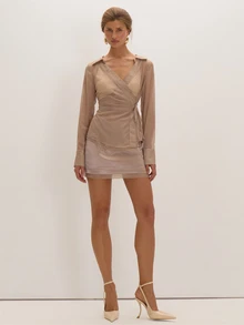 MUSEYN Beige Satin Organza Hem Mini Skirt Versatile Lounge Everyday Date Night Chic New Season Fall - Khaki - View 2