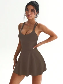 SHEIN Dewbera 女款純色交叉背帶運動洋裝 - 咖啡棕 - 查看 7