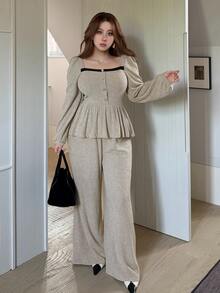 Dazy Plus Plus Size Women's Contrast Trim Ruffle Hem Top And Wide Leg Pants Sweet Elegant 2 Pieces Set Party Formal Beige Grey Fall - Apricot - View 4