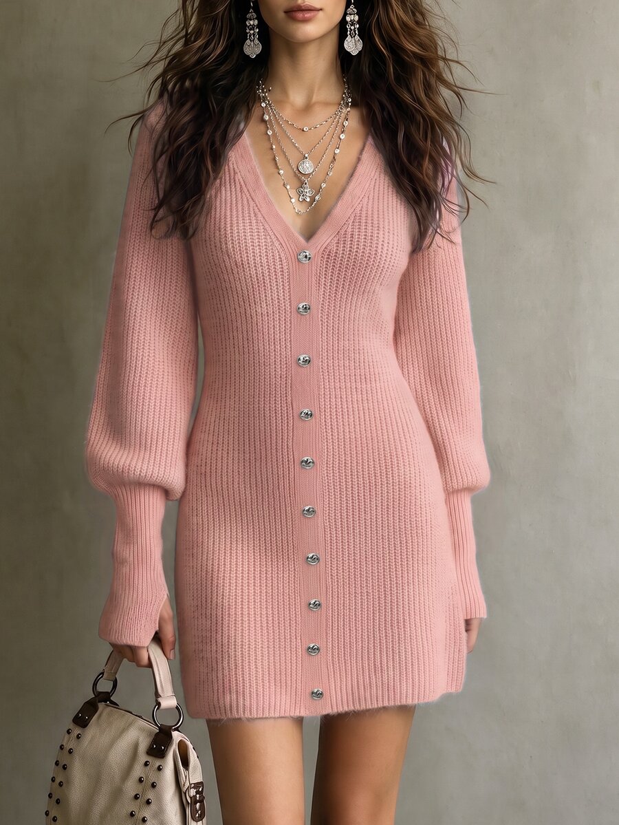 Balvessa Gaun Sweater Pendek Bodycon Berlapis Lengan Lentera Berkerah V Baru untuk Wanita dengan Dekorasi Kancing Logam, Gaya Komuter Serbaguna untuk Musim Semi, Musim Panas, Musim Gugur, Musim Dingin - Berwarna merah muda - View 1