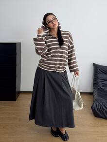 POPSWAY Plus Size Women's Striped Zip-Up Hooded Cardigan Sweater, Autumn/Winter - Brown - View 4