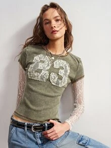 Bohemela Women's Letter Contrast Lace 2 In 1 Casual T-Shirt - Green - View 6