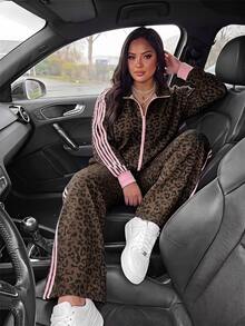 SHEIN EZwear 大尺碼女款豹紋拼色長袖上衣與長褲休閒日常套裝 - 彩色 - 查看 4