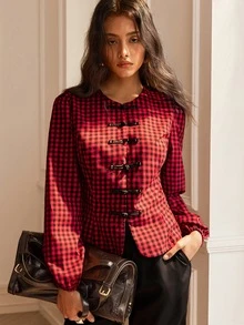 Écloséra 女款紅色格紋燈籠袖青蛙鈕扣襯衫，聖誕襯衫，節日穿搭 - 紅色 - 查看 4