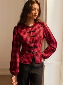 Écloséra 女款紅色格紋燈籠袖青蛙鈕扣襯衫，聖誕襯衫，節日穿搭 - 紅色 - 查看 3