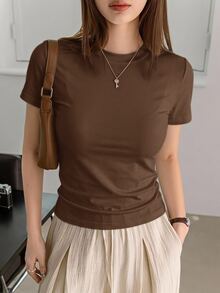 DAZY Solid Color Round Neck Fitted Short Sleeve Base Layer T-Shirt For Women - Coffee Brown - View 4