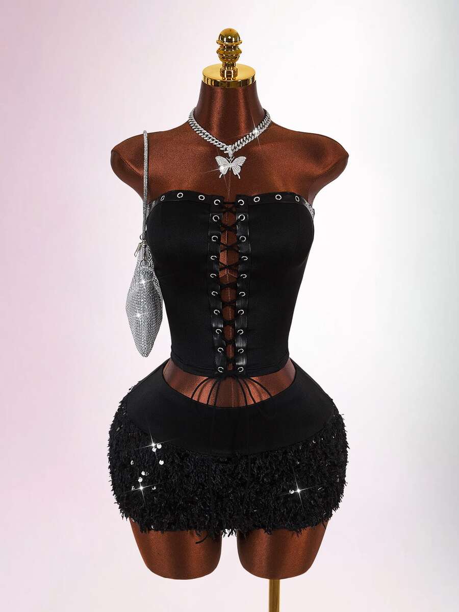 Amplova Women's Solid Color Eyelet Tie Design Bandeau Top And Fluffy Bodycon Skirt Sexy Fashion 2 Pieces Set - Black - View 1