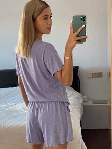 Livesso 女款夏季舒適純色極簡針織密邊波浪邊居家休閒套裝 - 紫色 - 查看 2