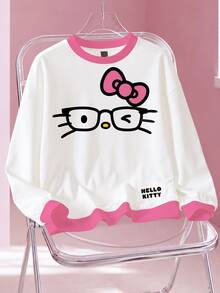 HELLO KITTY AND FRIENDS | SHEIN بلوزة رياضية نسائية بطبعة كرتونية كاجوال للاستخدام اليومي بأكمام طويلة - أبيض - مشاهدة 1