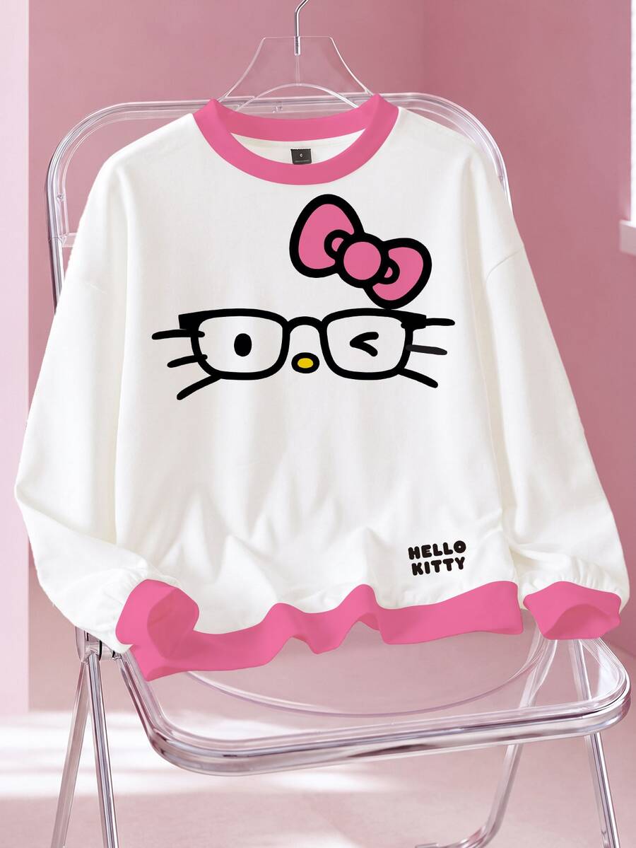 HELLO KITTY AND FRIENDS | SHEIN بلوزة رياضية نسائية بطبعة كرتونية كاجوال للاستخدام اليومي بأكمام طويلة - أبيض - مشاهدة 1