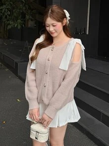 Bijouette Plus Size Women's Shoulder Bow Decor Cutout Design Single-Breasted Knit Cardigan - Pink - View 3