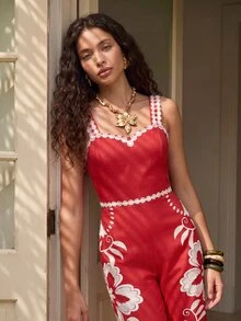 CAJUNI Tropical Vacation Embroidery Flower Cute Jumpsuit - Red and White - View 6