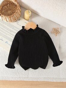 SHEIN Vintaside Kids 女嬰針織長袖套頭毛衣，荷葉領羅紋領口，適合秋冬，白色/奶油色純色，百搭日常穿著，時尚款，適合日常穿著、外出與旅行 - 黑色 - 查看 1