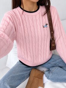 SHEIN 青少年女孩條紋拼接粗針編織V領燈籠袖寬鬆套頭毛衣，適合秋冬休閒穿著 - 粉色 - 查看 1
