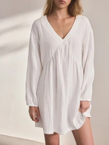 Ocili Women's Solid Color Pure Cotton Comfortable Minimalist Long Sleeve Nightgown Loungewear Dress - White - View 6