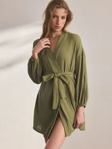 Ocili Leisure Pure Cotton Double-Layer Crepe Minimalist Comfortable Neutral Soft Long Sleeve Robe Sleepwear Women's Loungewear - Dark Green - View 2