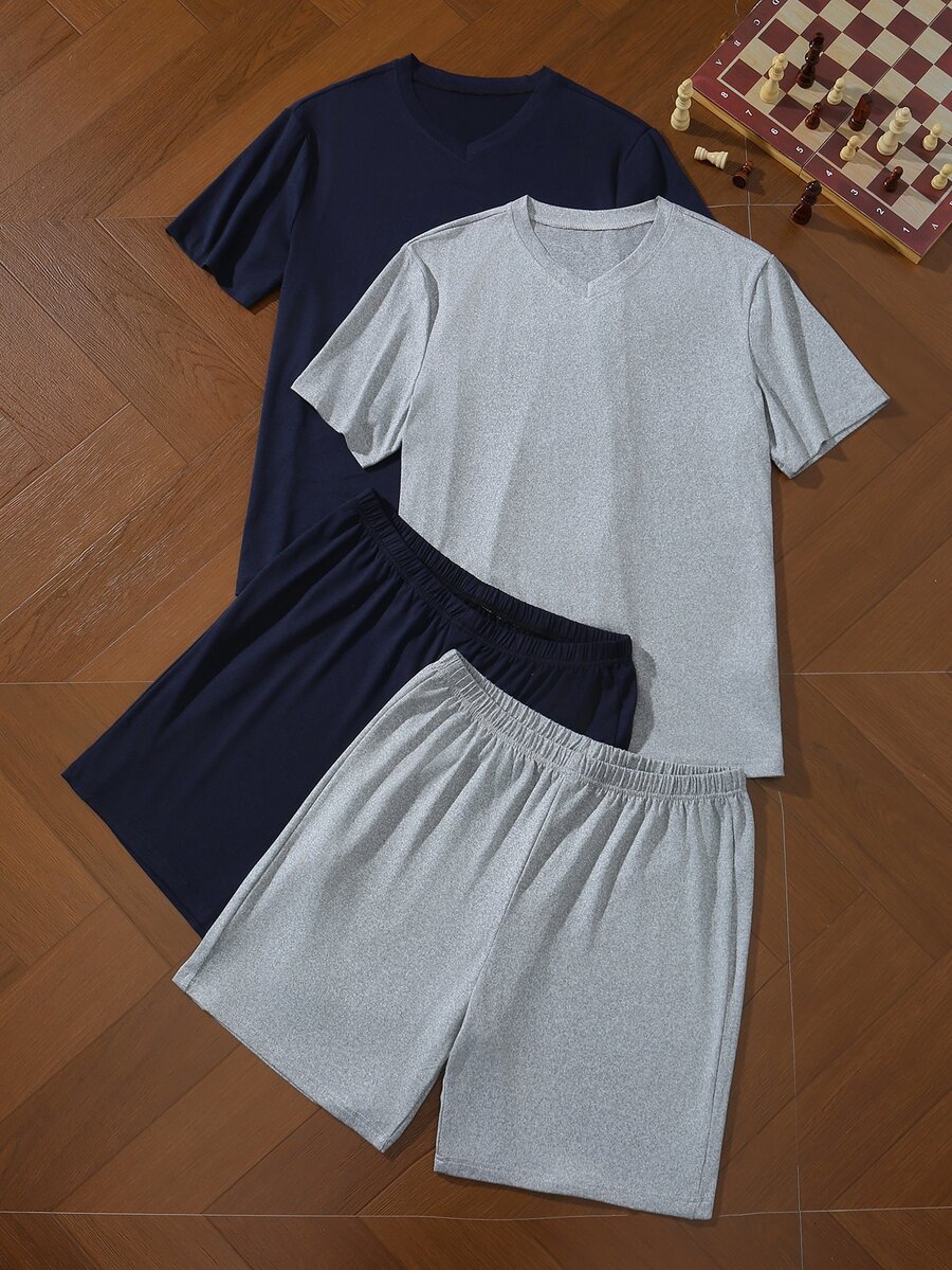 SHEIN 男士極簡短袖上衣與短褲居家服 4 件套 - 彩色 - 查看 1