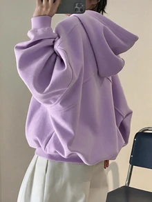 INAWLY 女款純色拉鍊連帽休閒百搭日常穿著運動衫 - 淡紫色 - 查看 2