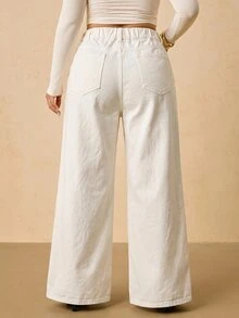 SHEIN MOD Quần jean denim nữ size lớn phong cách thường ngày, du lịch, có túi và cúc - trắng - Xem 2